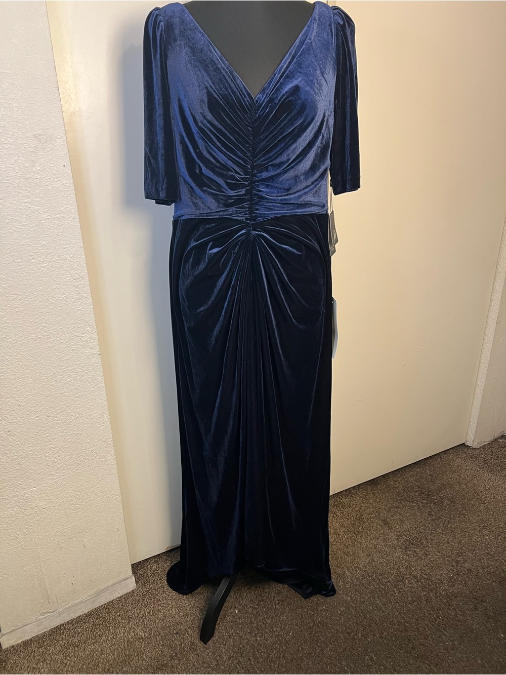 Adrianna Papell Navy Velvet Ruched V-Neck Maxi Dress